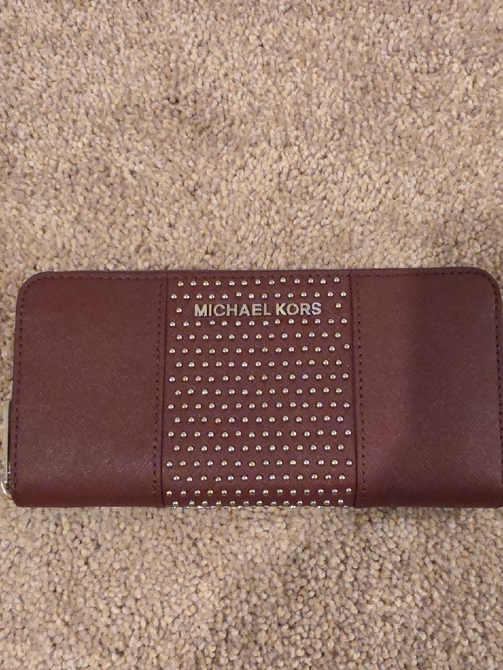 Michael Kors Maroon Studded Saffiano Zip Wallet